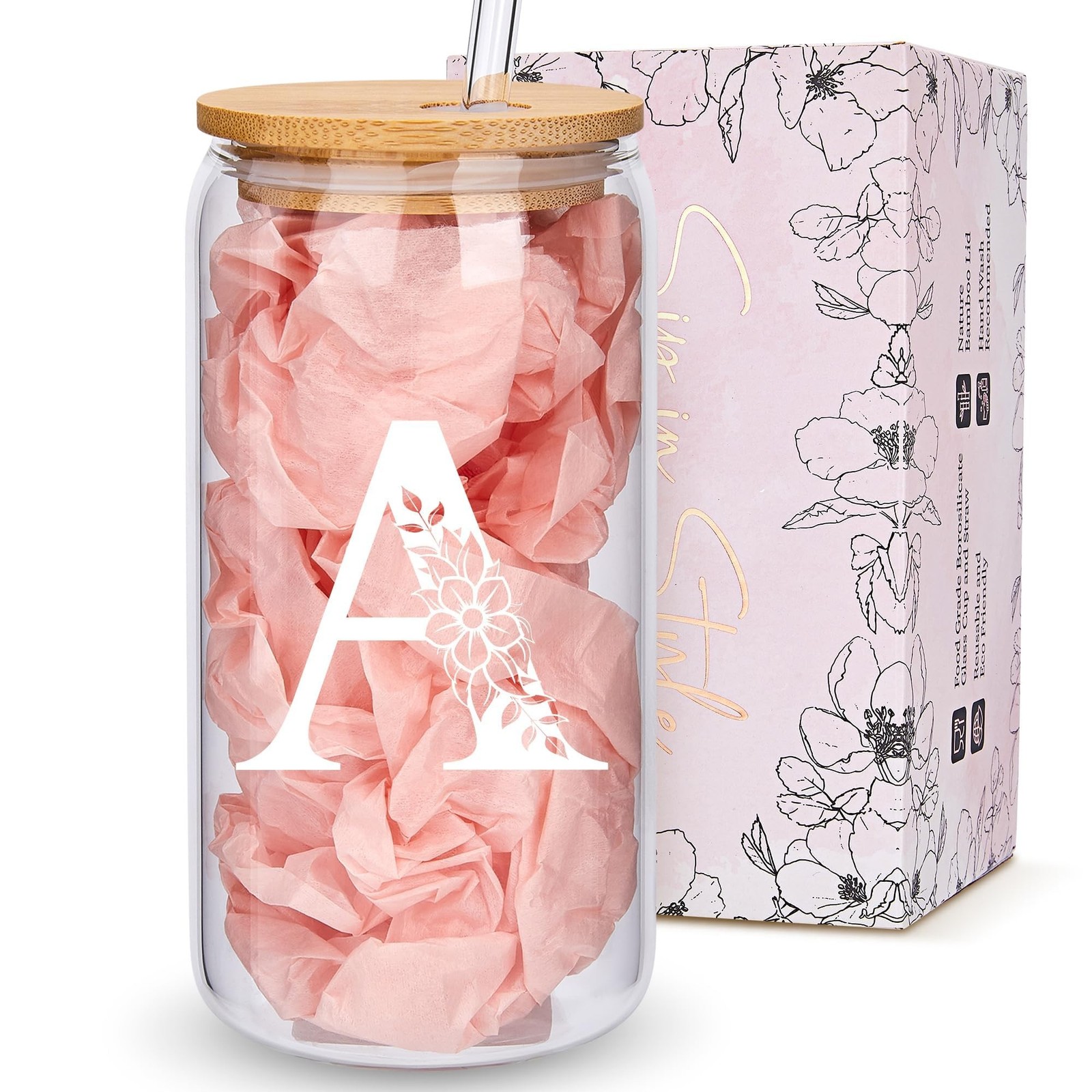 Personalized Gifts for Women, Monogrammed Glass Cups with Lids and Straws, Cu…
