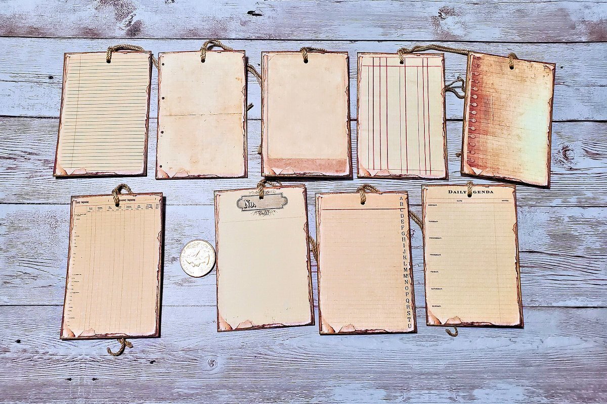 9~Vintage~Ephemera~Blank Ledger~Junk Journal~Linen Cardstock~Gift~Hang~Tags