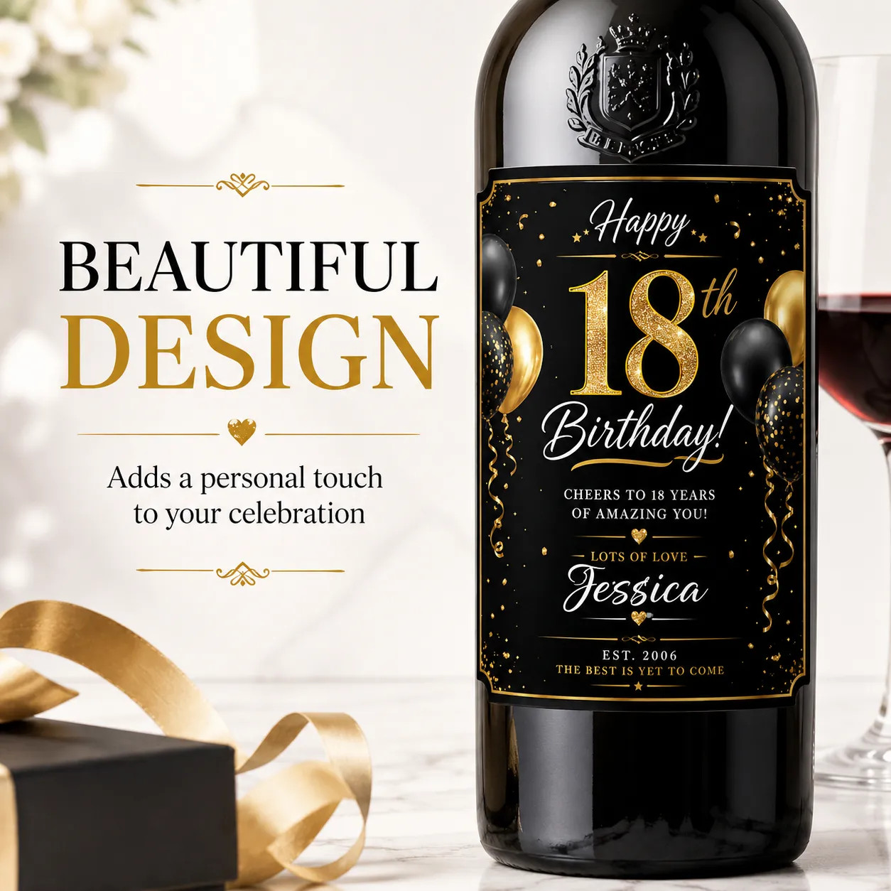 Personalised 18th Birthday Bottle Label Sticker Custom Wine Gift Black Gold