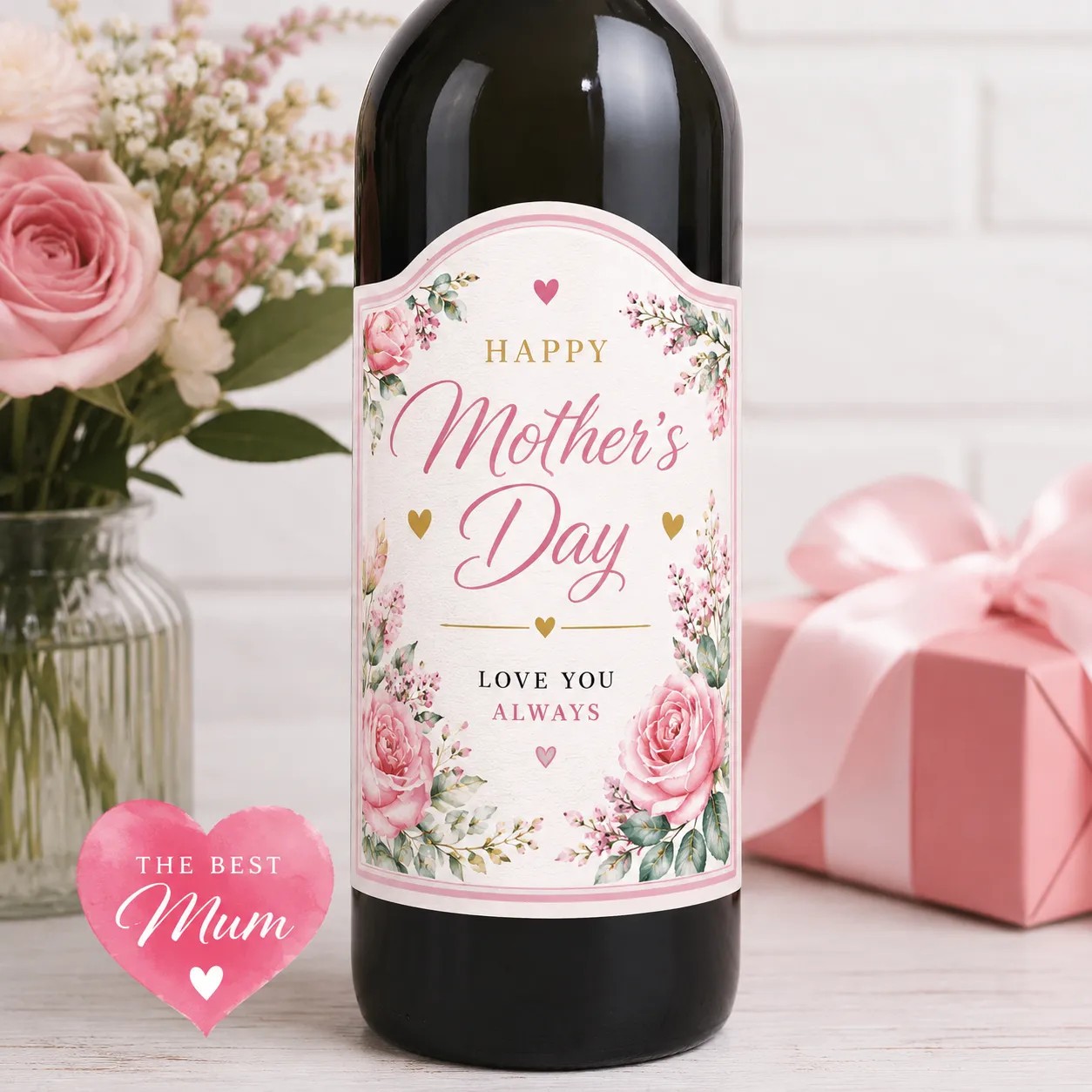 Personalised Mother’s Day Bottle Label Sticker Custom Wine Gift for Mum Floral