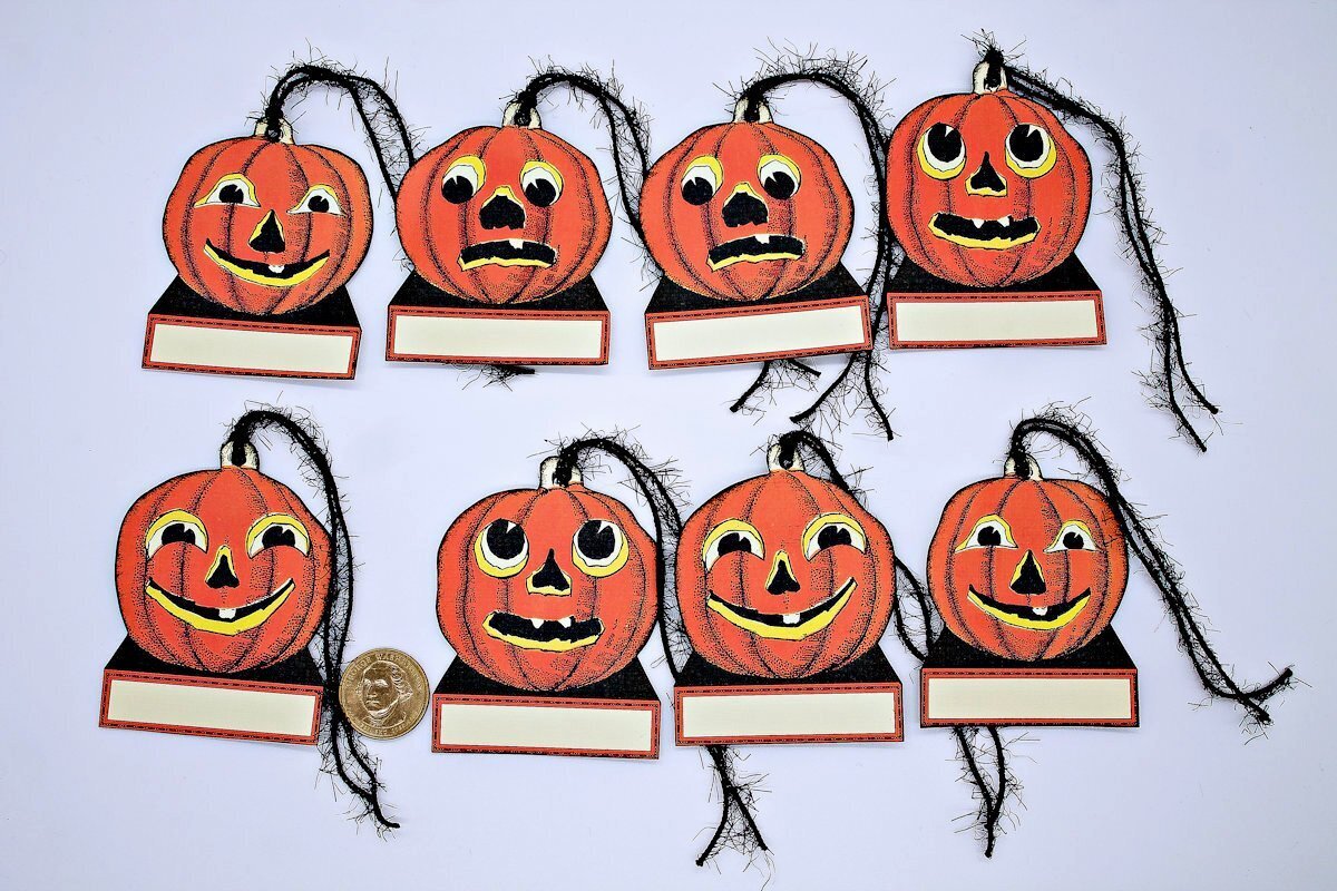 8-Halloween-Vintage-Pumpkin-Fussy Cut-Personalized-Linen Cardstock-Hang-Tags