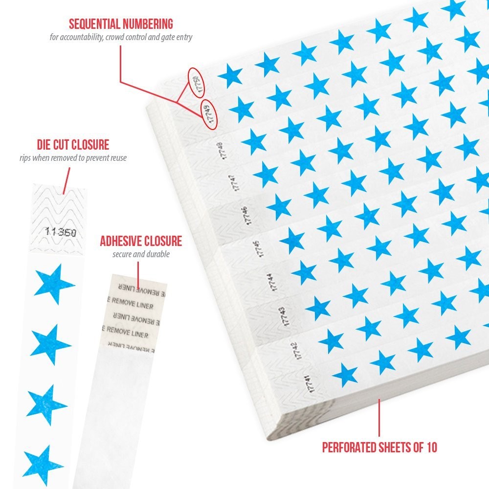 500 WristCo Blue Stars Tyvek Wristbands for Events – 500,