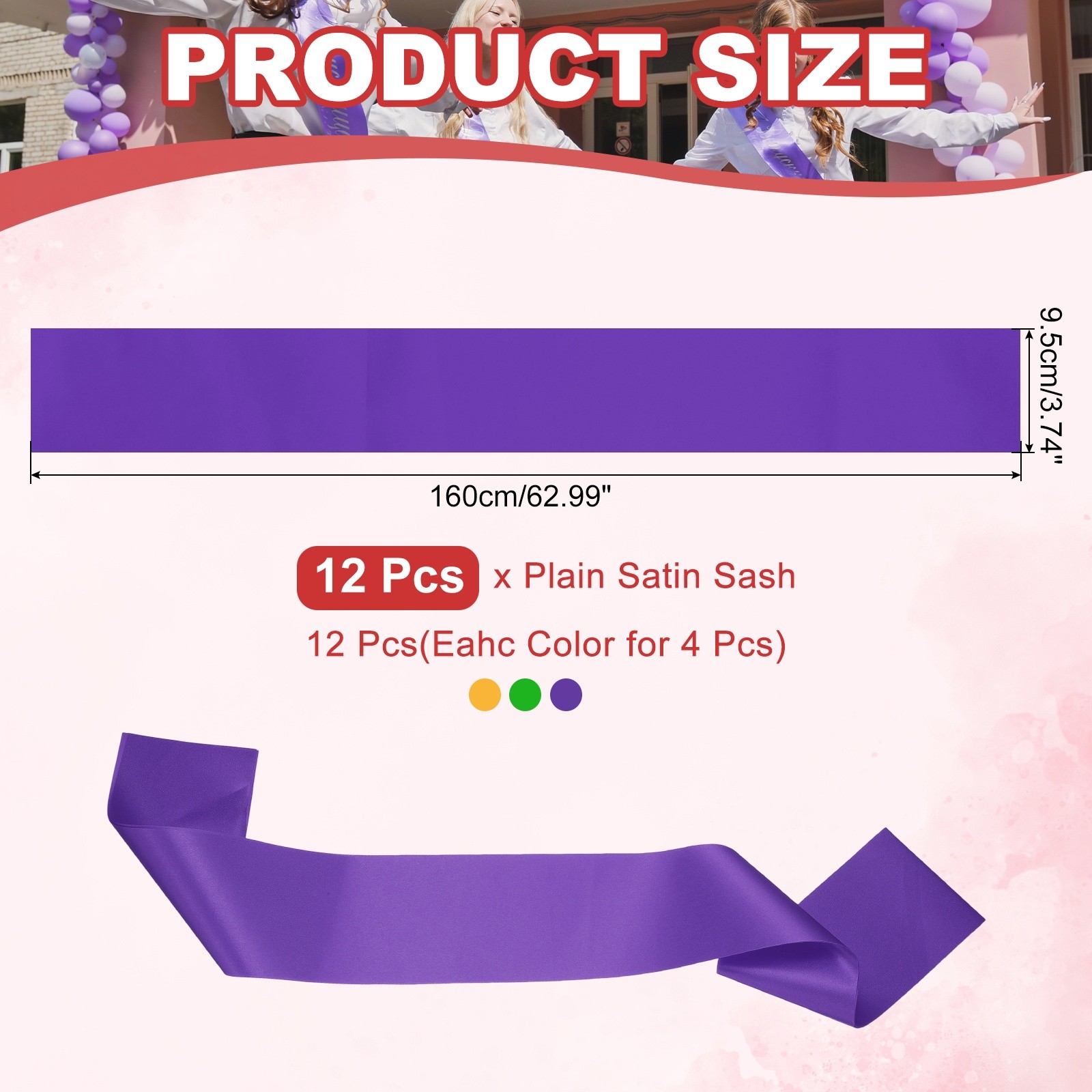 Satin Sash, Blank Sash Pageant Ribbon for Party 12 Pack & Gold/Purple/Green