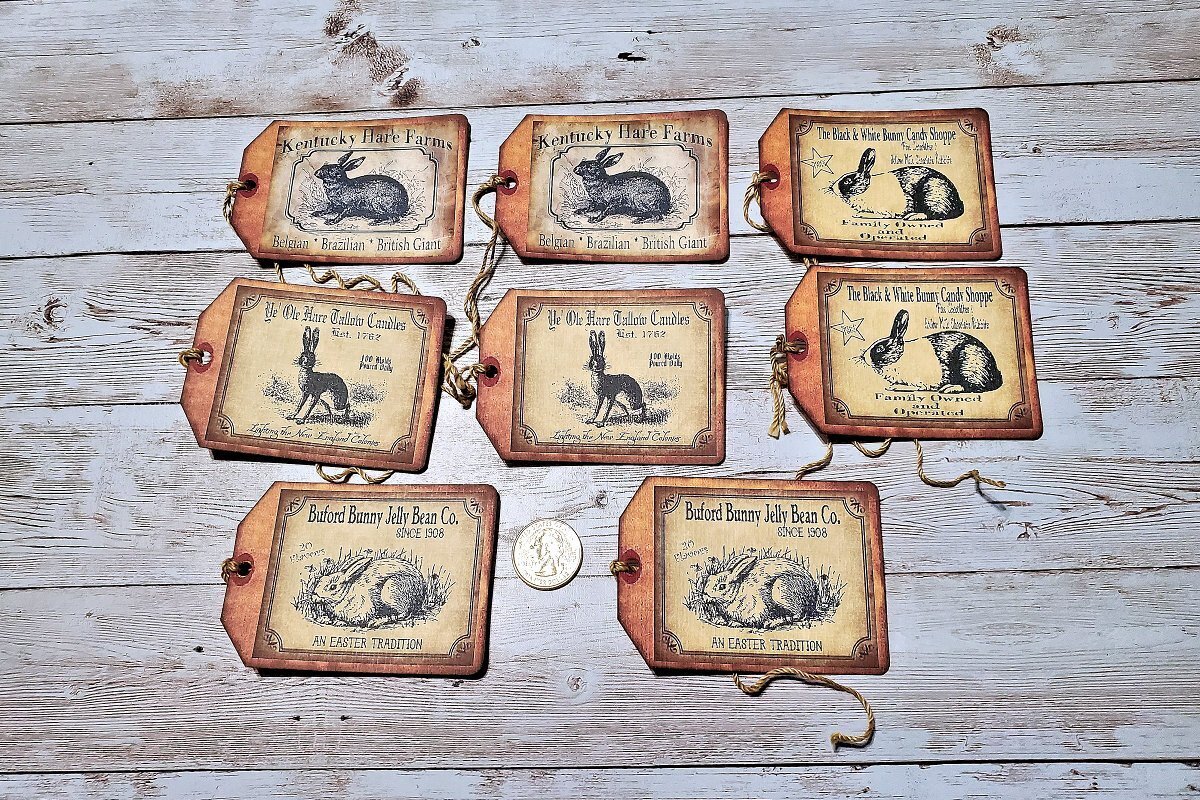8~Easter~Primitive~Farmhouse~Rabbit~Hare~Linen Cardstock~Gift~Hang~Tags