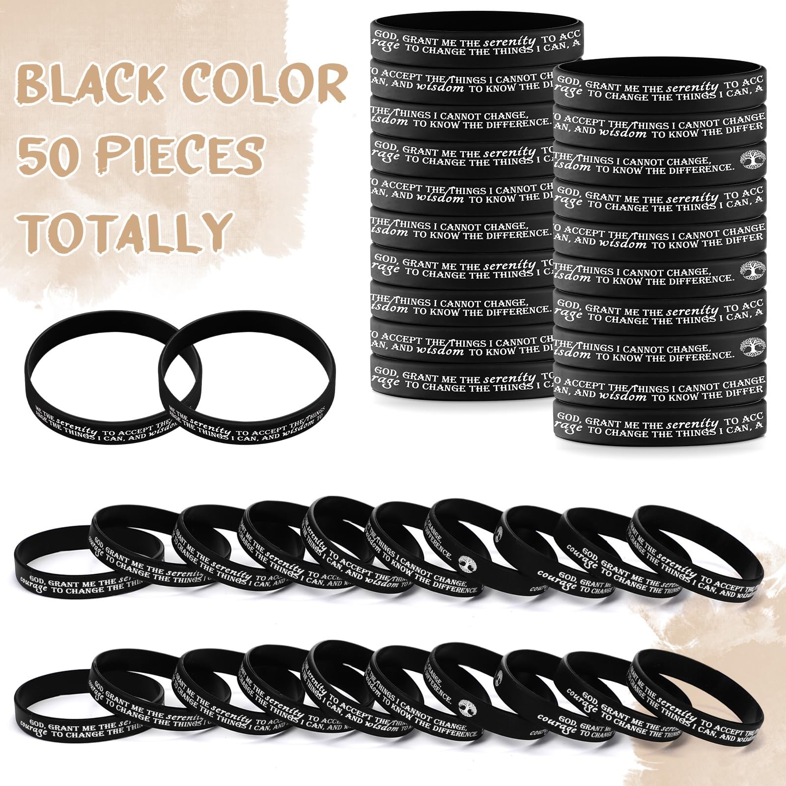 Cunno 50 Pcs Sobriety Bracelets Easter Serenity Prayer Gifts 20.2cm, Black