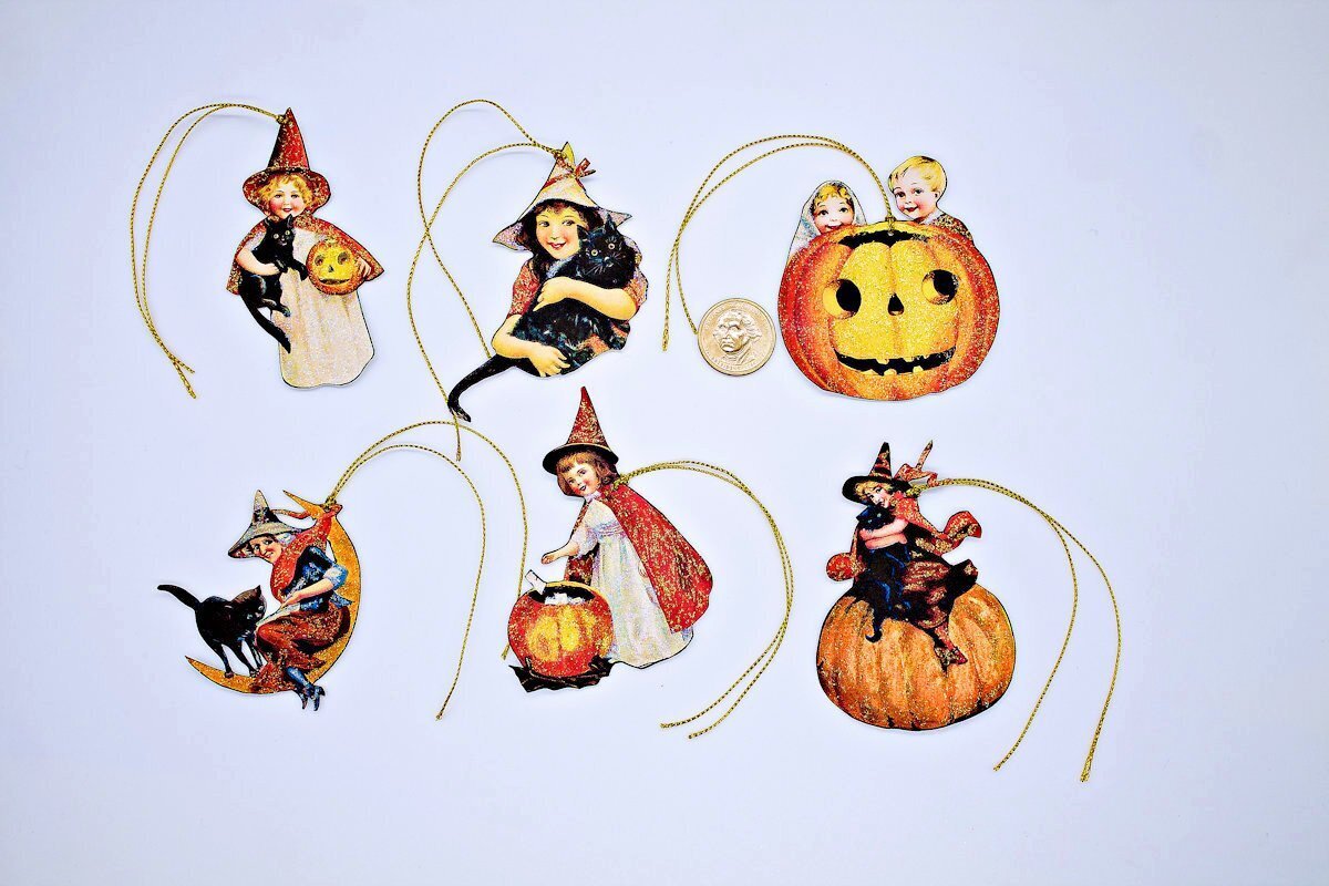 6~Halloween~Vintage~Fussy Cut~Glitter~Linen Cardstock~Gift~Hang~Tags~Ornaments