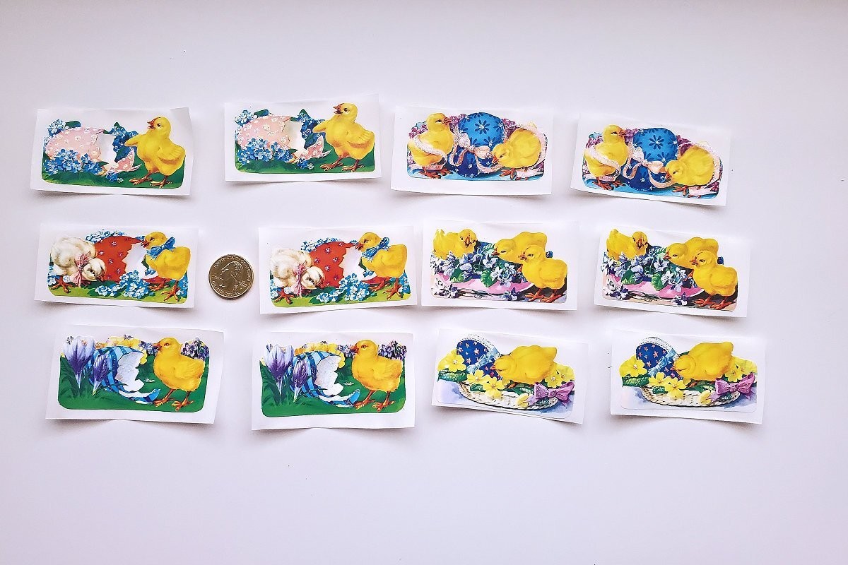 12-Easter-Victorian-Fussy Cut-Embossed-Scrap Reliefs-Chicks-Glittered-Stickers