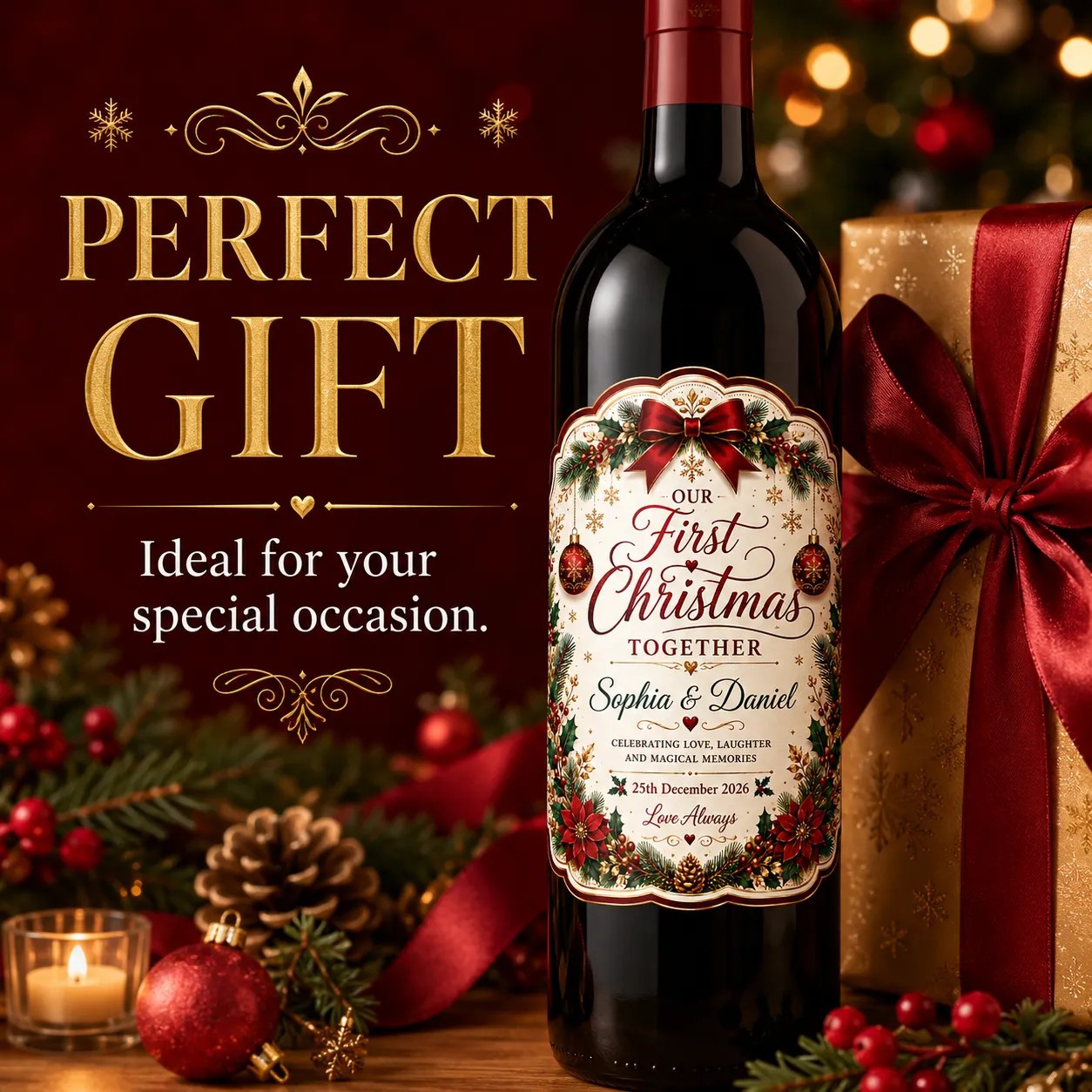 Personalised First Christmas Together Bottle Label Sticker Custom Wine Gift