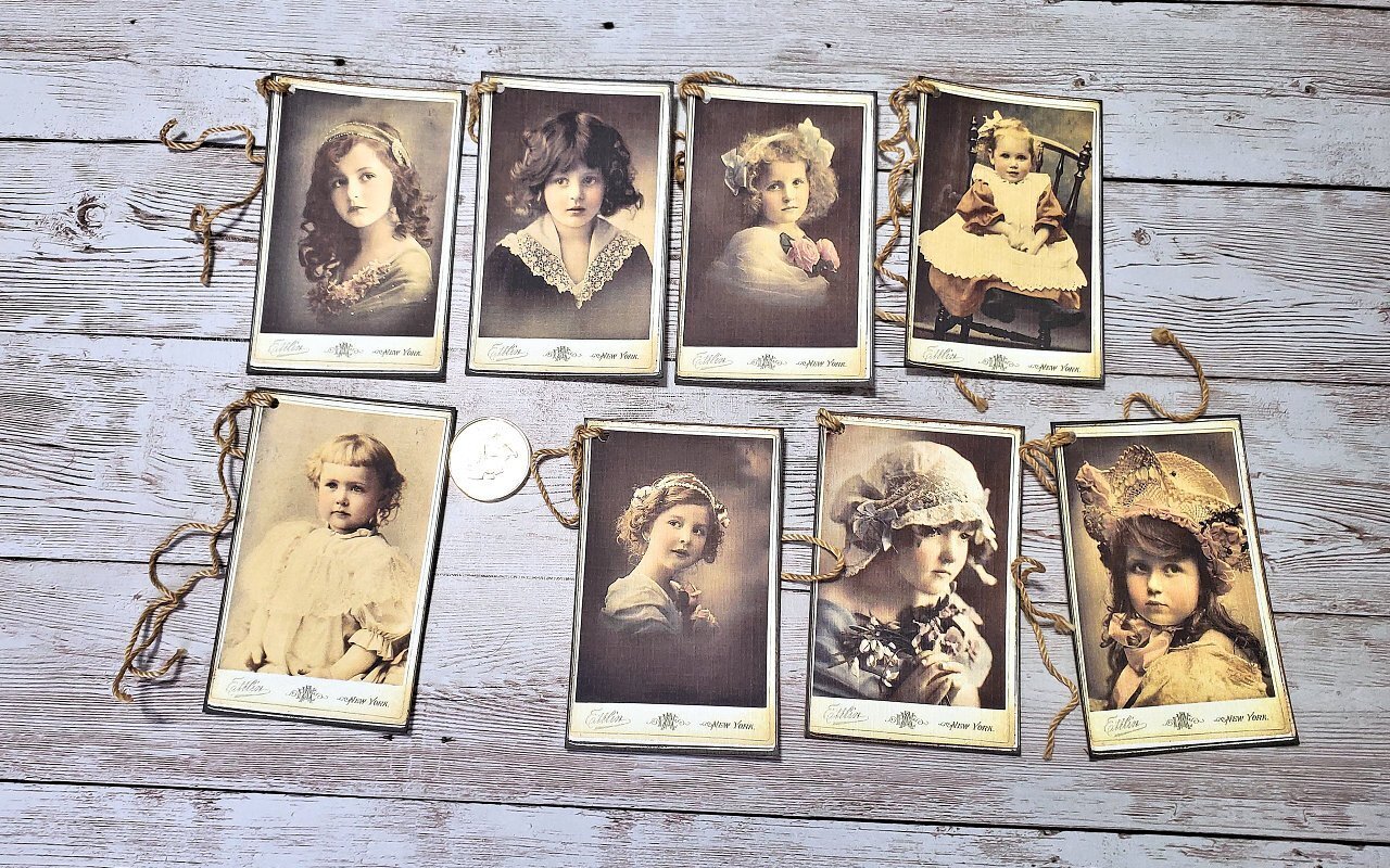 8-Vintage~Girls~Photos~Ephemera~Fussy Cut~Linen Cardstock~Gift~Hang~Tags