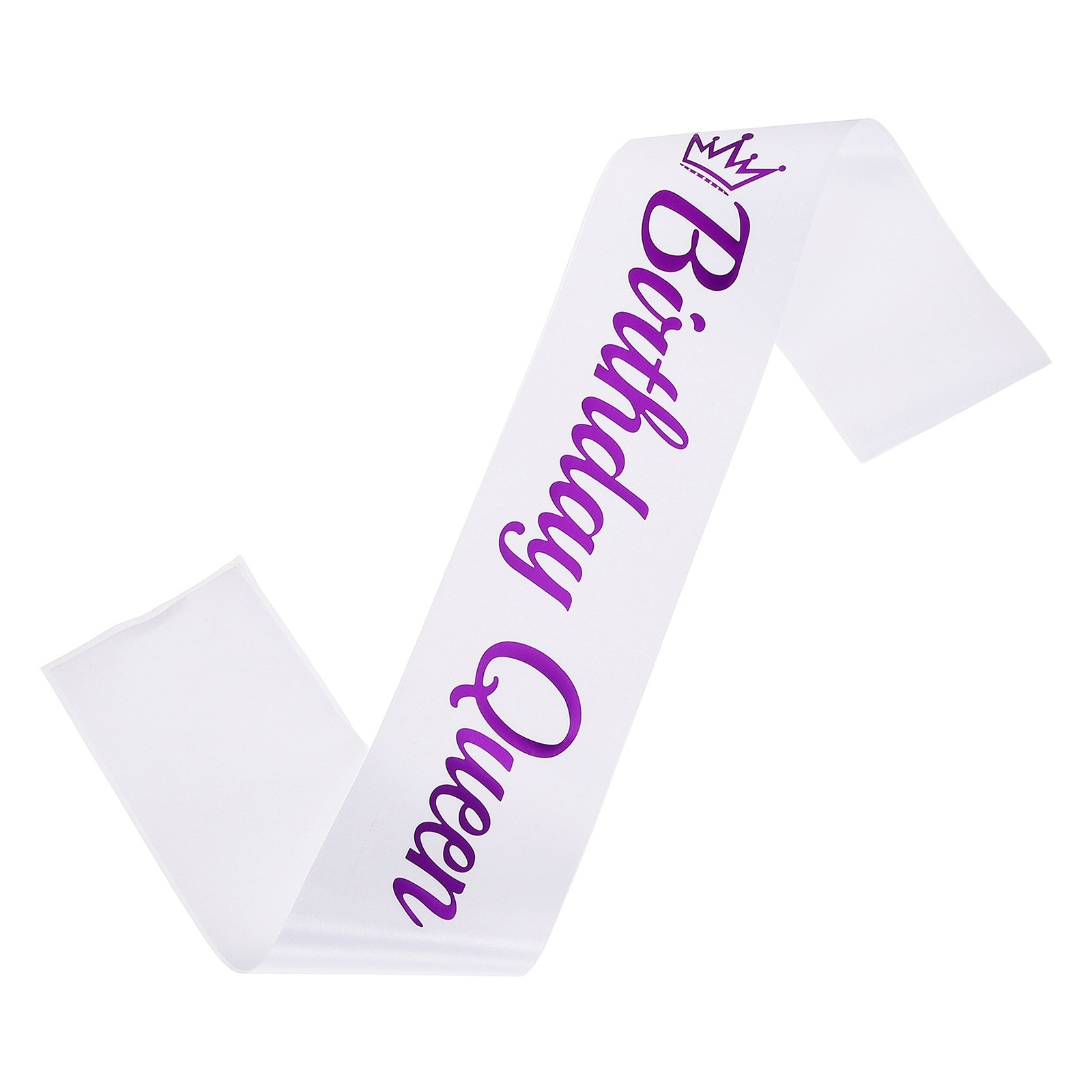White Birthday Queen Sash with Pin Purple Foil Lettering for Party
