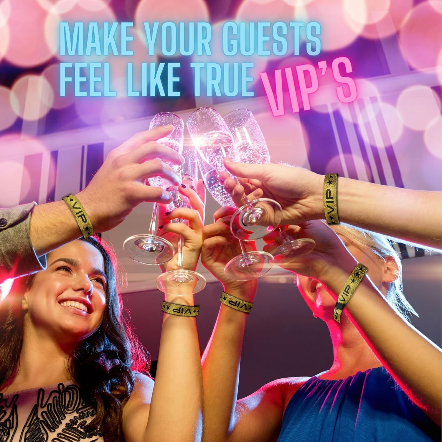 100 Pack Glitter Gold VIP Party Wristbands with Secure Locking Clip. Must Have A