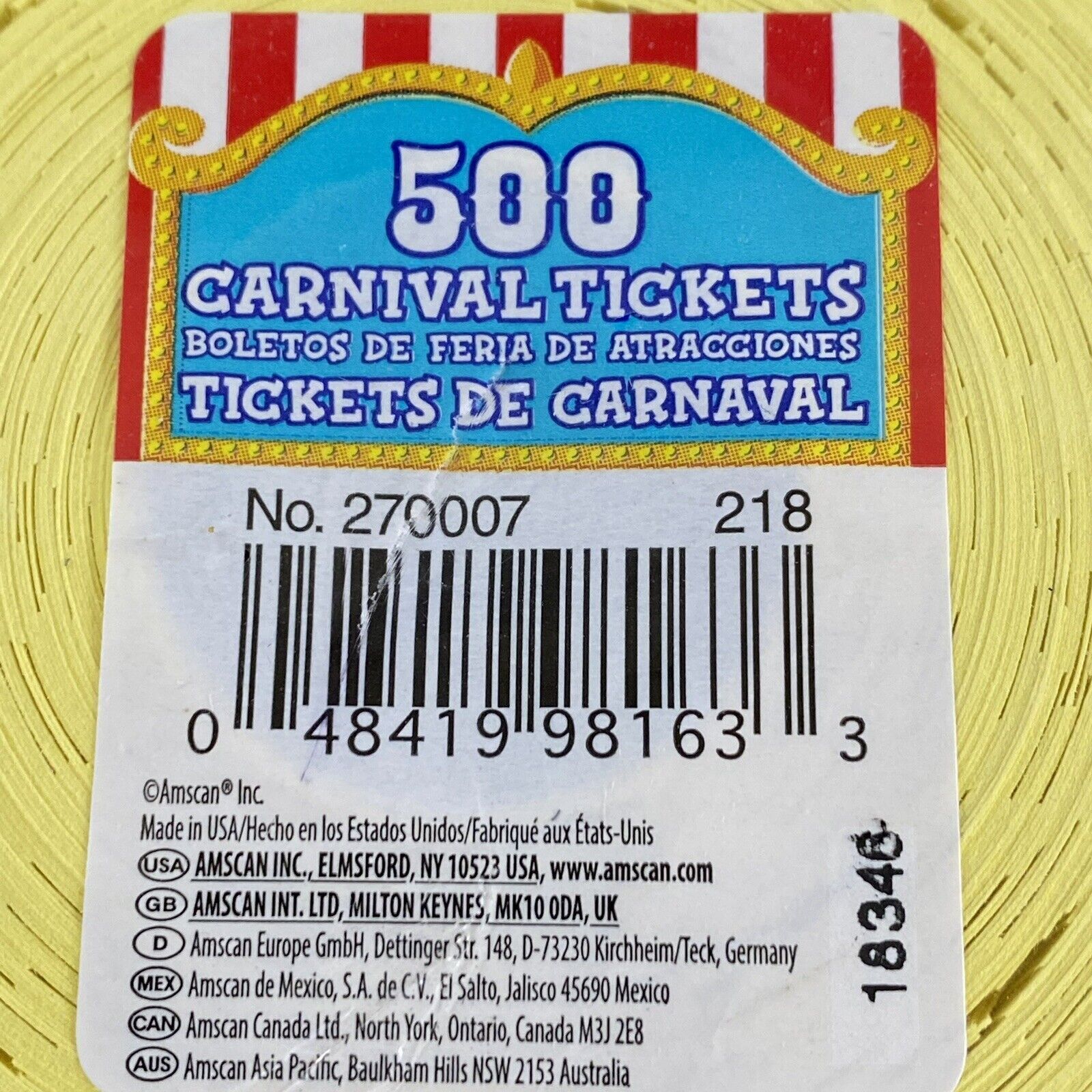 Carnival Raffle Tickets 500 Count Yellow Auction New Sealed