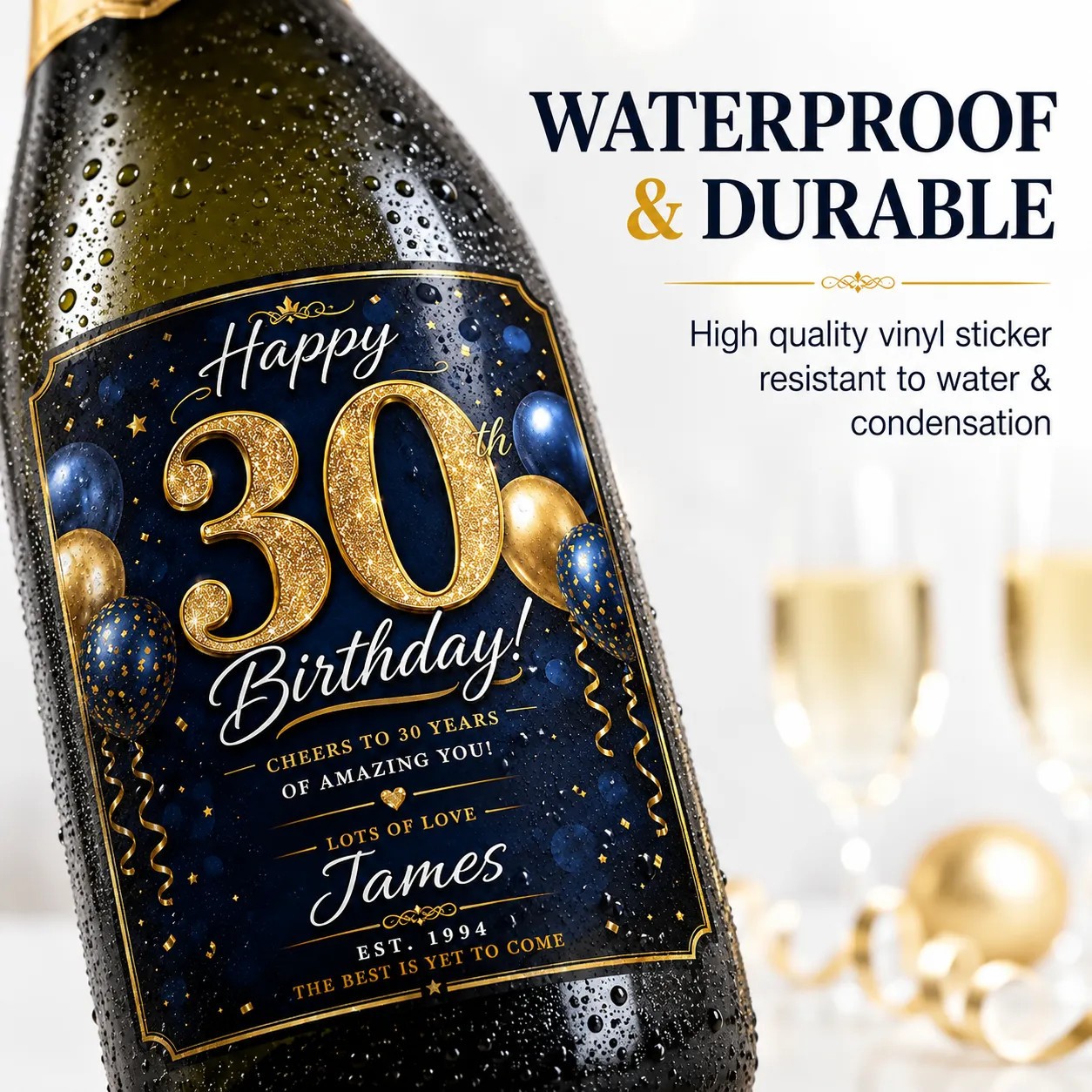 Personalised 30th Birthday Bottle Label Sticker Custom Wine Gift Blue Gold