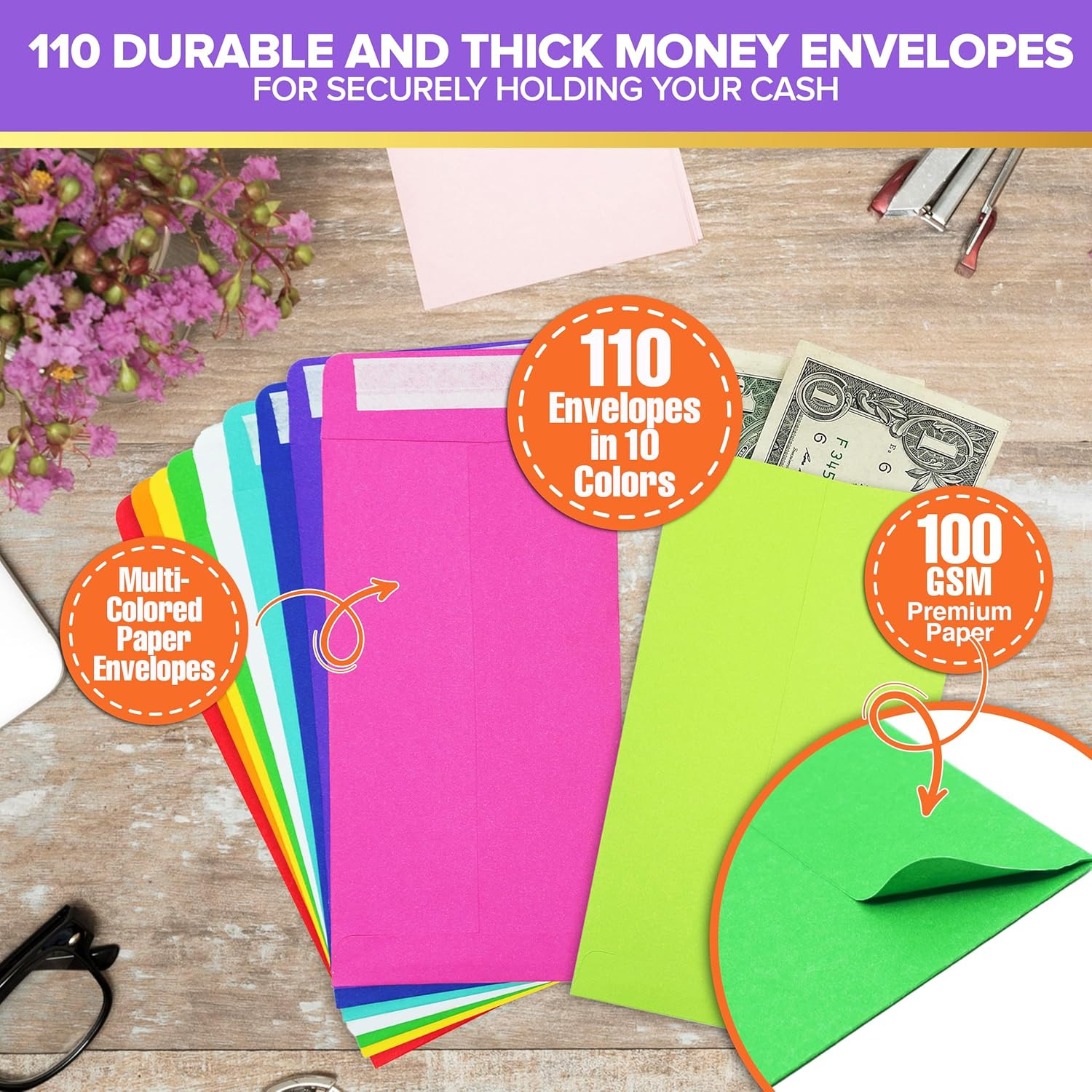 110 Pack Colorful Money Envelopes for Cash with Double-Sided Tape, 3.5×6.5in Col