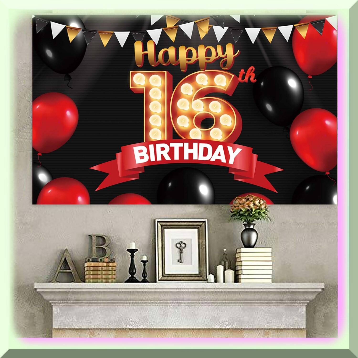 Sweet 16 Black and Gold Celebration Decor Banner