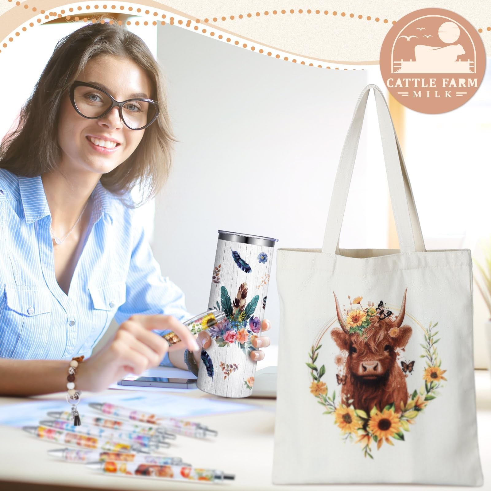 Skylety 5 Pcs Highland Cow Gifts Set for Women 20 oz Tumbler Floral Cactus Ca…