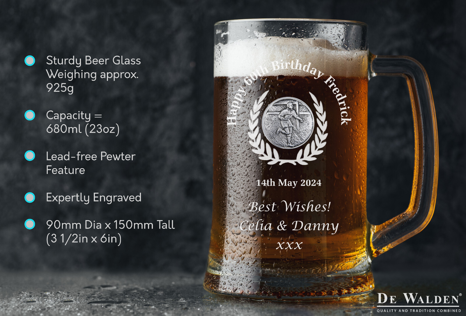 Rugby Player 60th Birthday Engraved Pint Tankard Gift Lager Ale Glass Beer Mug
