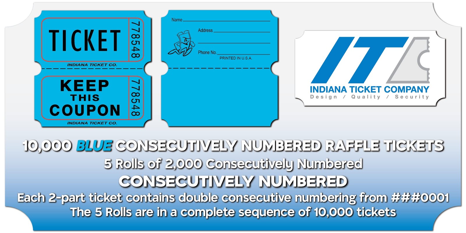 INDIANA TICKET CO. 10,000 Blue CONSECUTIVELY Numbered Raffle Ticket Roll. 5 R…