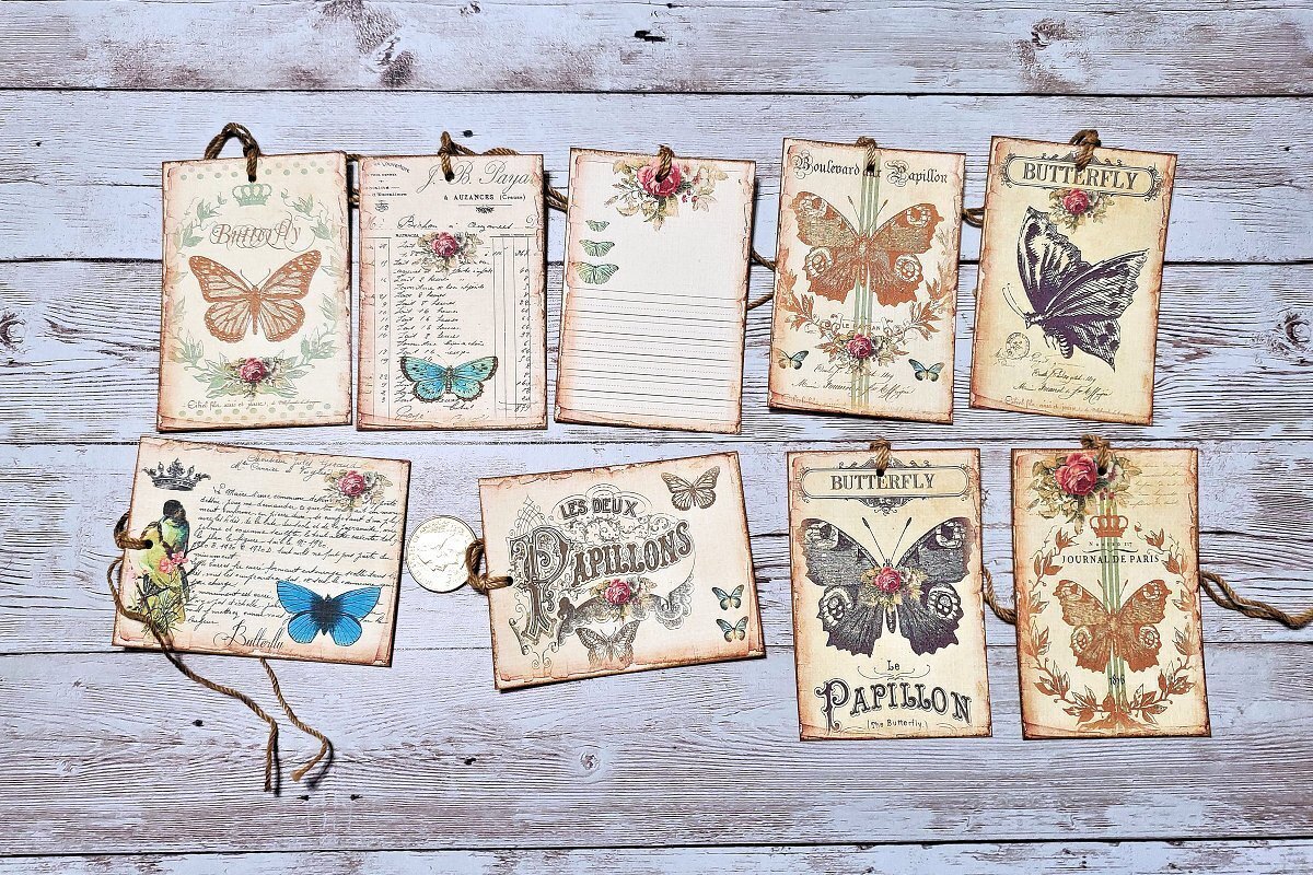 9~Vintage~Ephemera~Butterfly~Junk Journal~Linen Cardstock~Gift~Hang~Tags