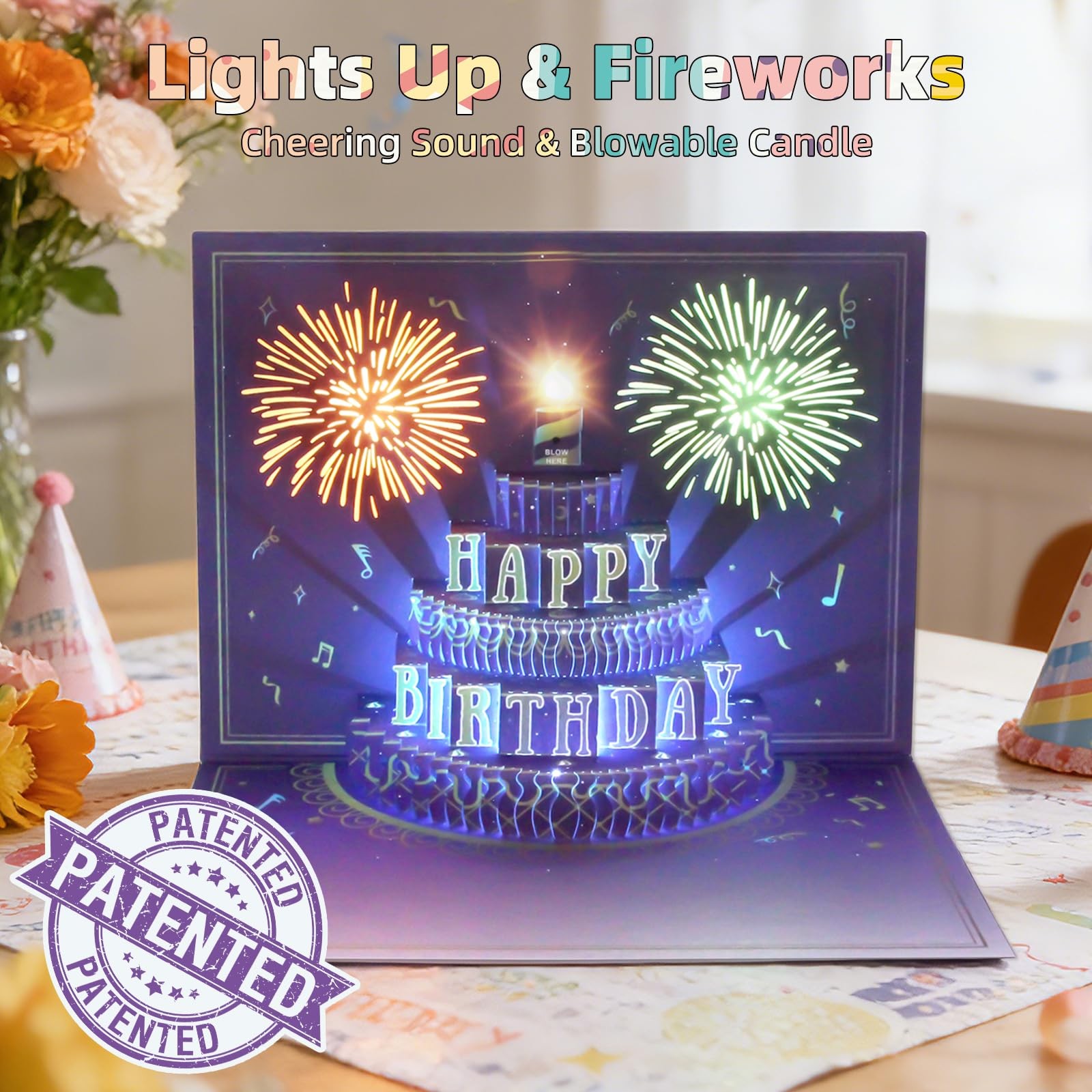 XTF2015 Happy Birthday Cards Fireworks, Lights, Music 7.87*5.9 inch, Purple