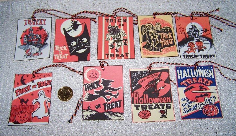 9~Halloween~Retro~Trick or Treat~Fussy Cut~Linen Cardstock~Gift~Hang~Tags~Ornies