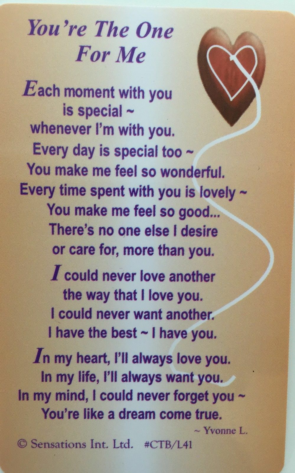 You`re The One For Me.. Love Wallet CardSentimental Keepsake Wallet / Purse Card