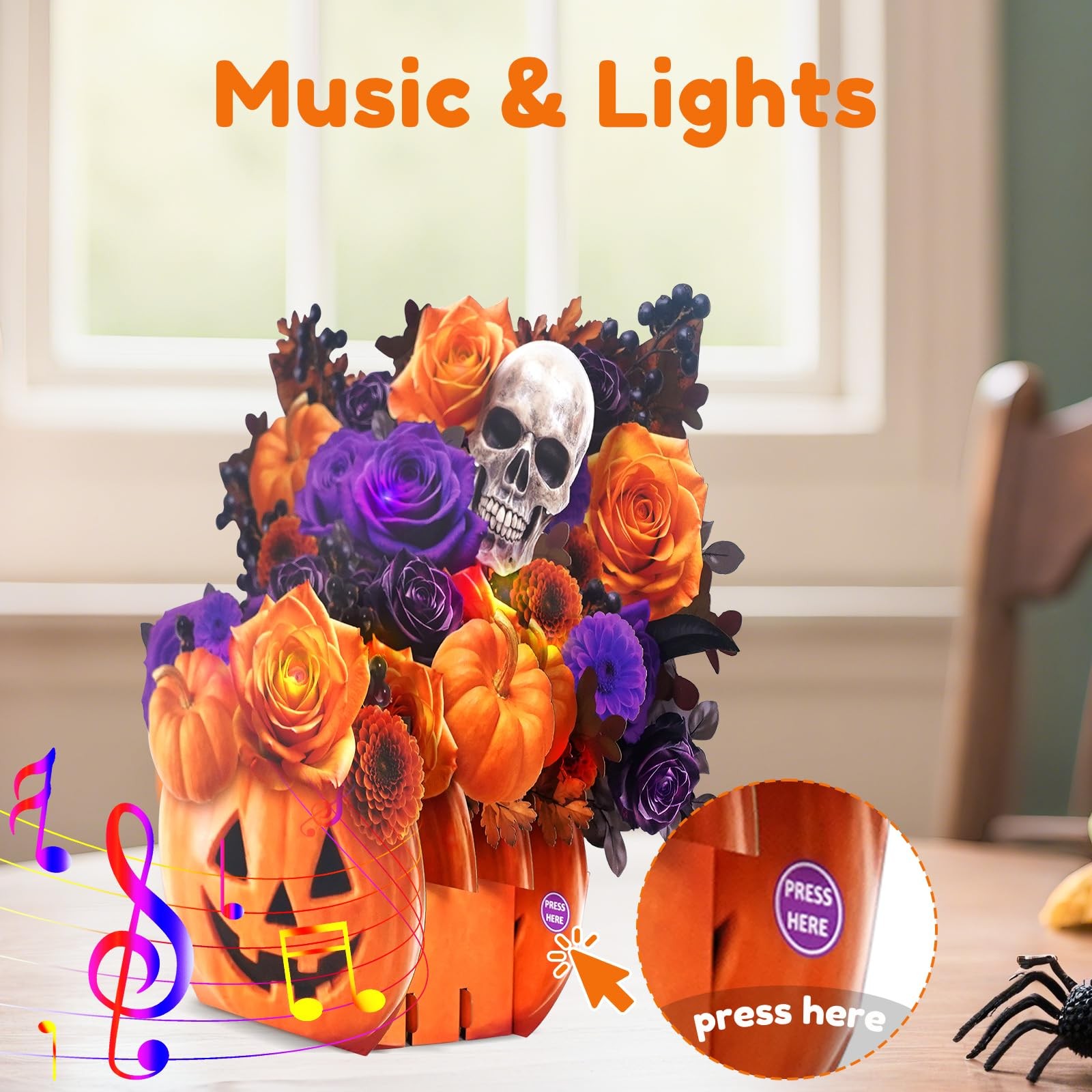 APOTODITO Halloween Bouquet Card with Music and Lights, Orange