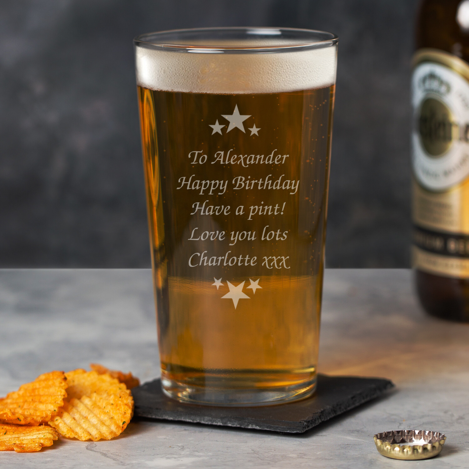 Personalised Any Message Stars Pint Beer Glass For Him Birthday Gifts Mens Dads