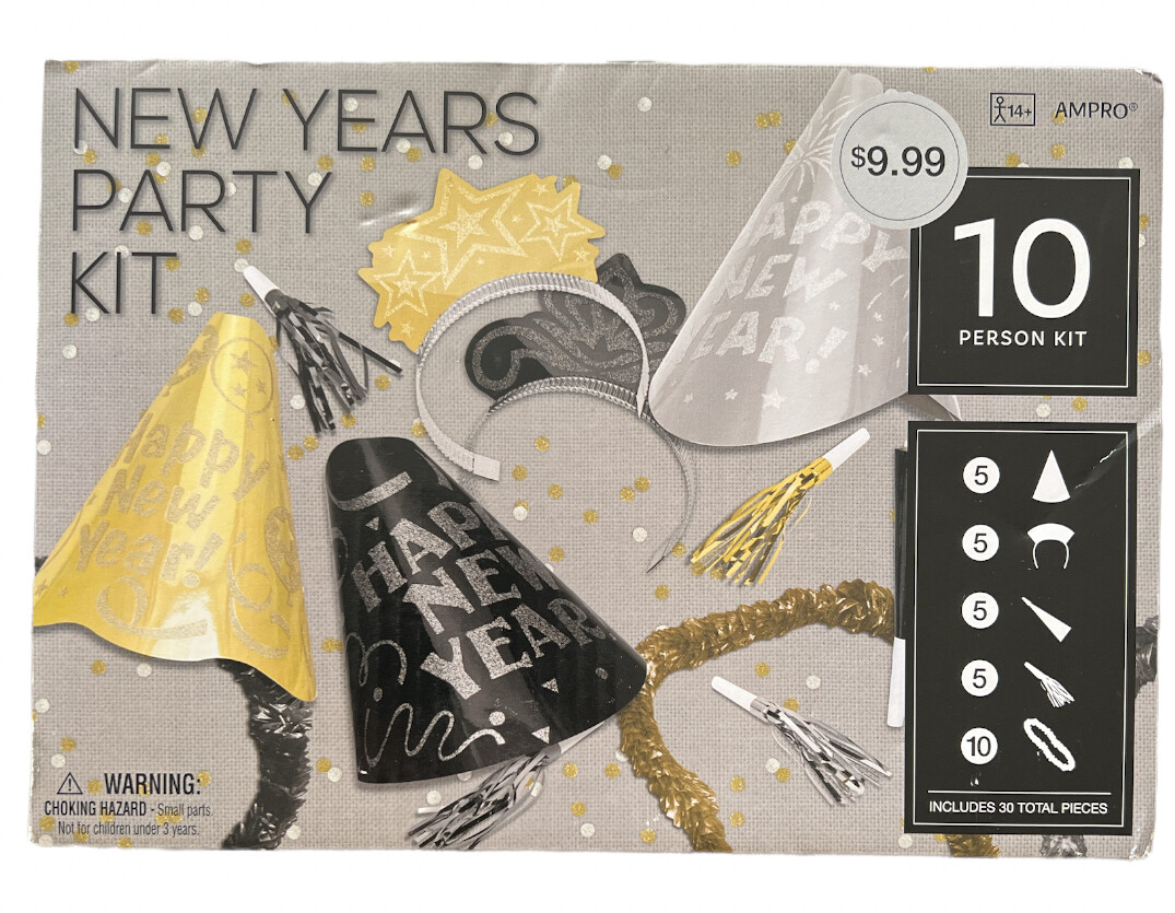 New Years 10 Person Party Kit, Reusable, Black Gold Silver White
