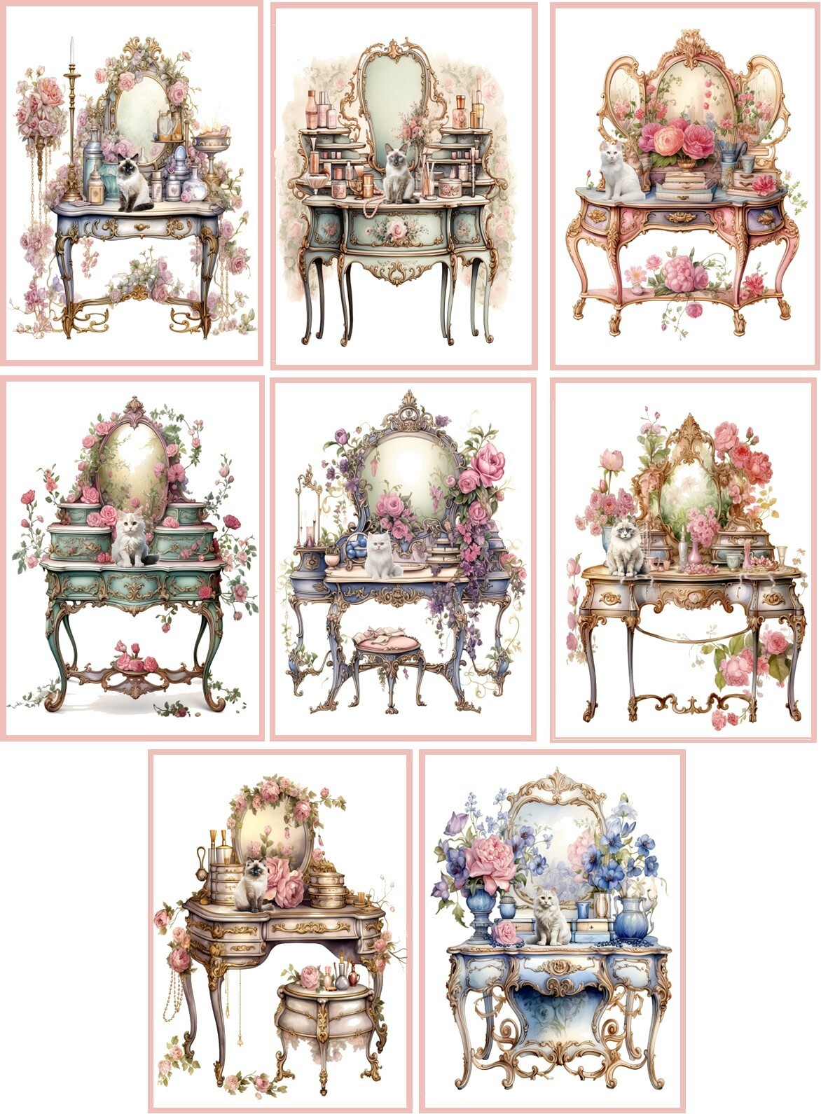 8 ATC cat kitten shabby chic vintage dressing table small fold open gift tags