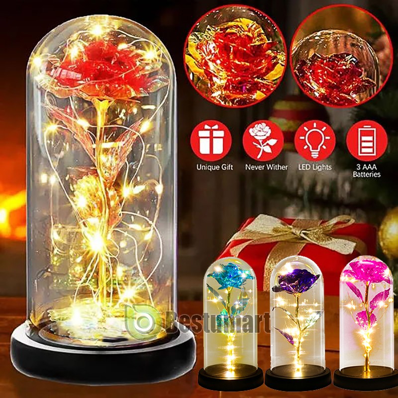 Crystal Eternal Galaxy Rose Flower LED Light Glass In Dome Gifts for Her Lovers
