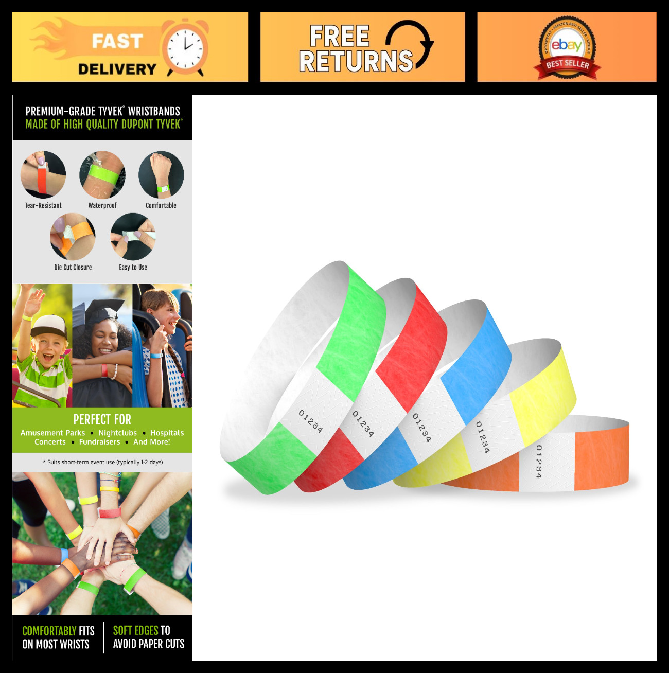 2,000 Tamper-Proof Tyvek Wristbands – 5-Color Variety Pack for Events, Parties &