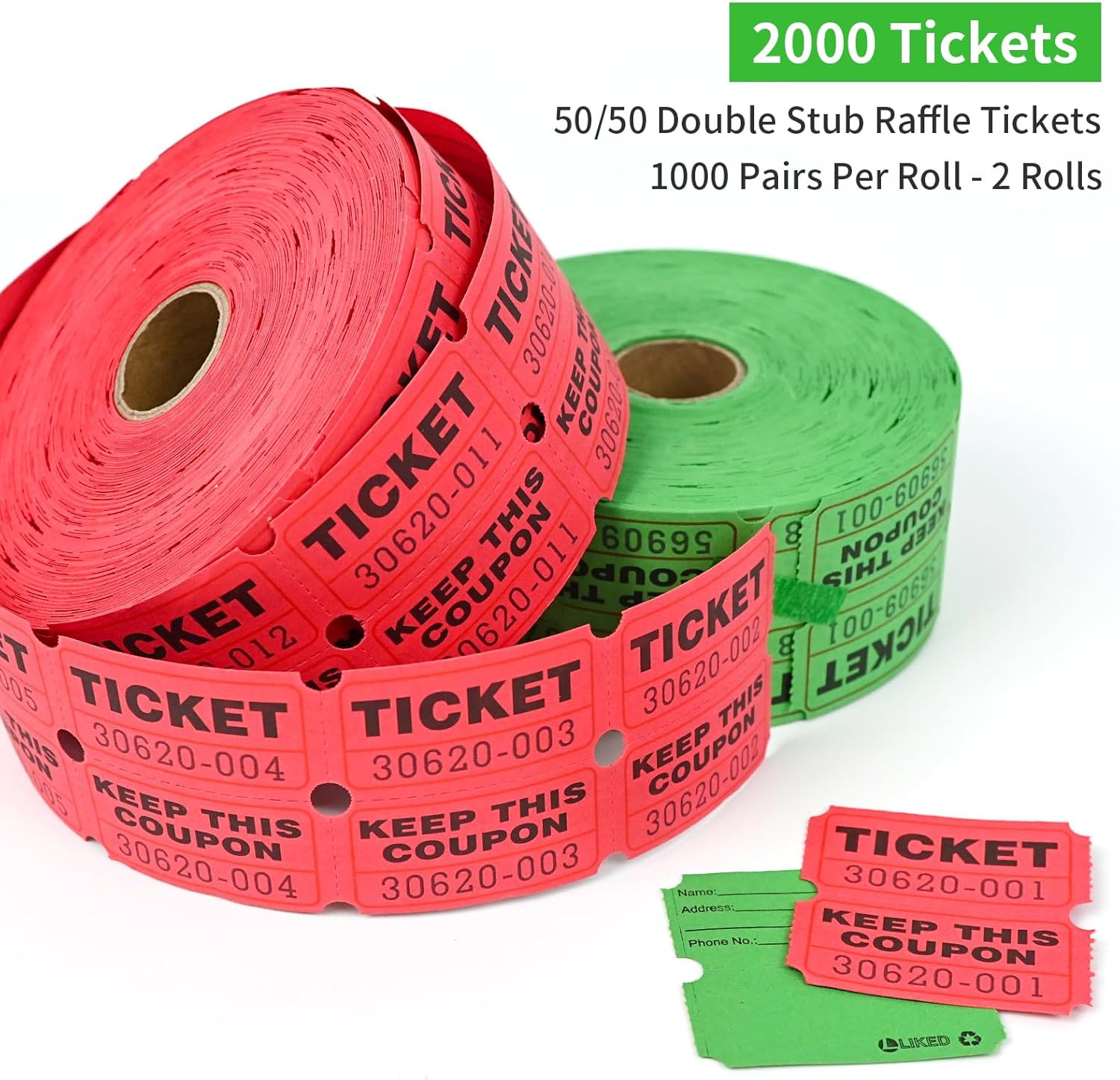 4000Pcs (2000 Pairs) Raffle Tickets Double Roll, 50/50 Stub Tickets with Cons…