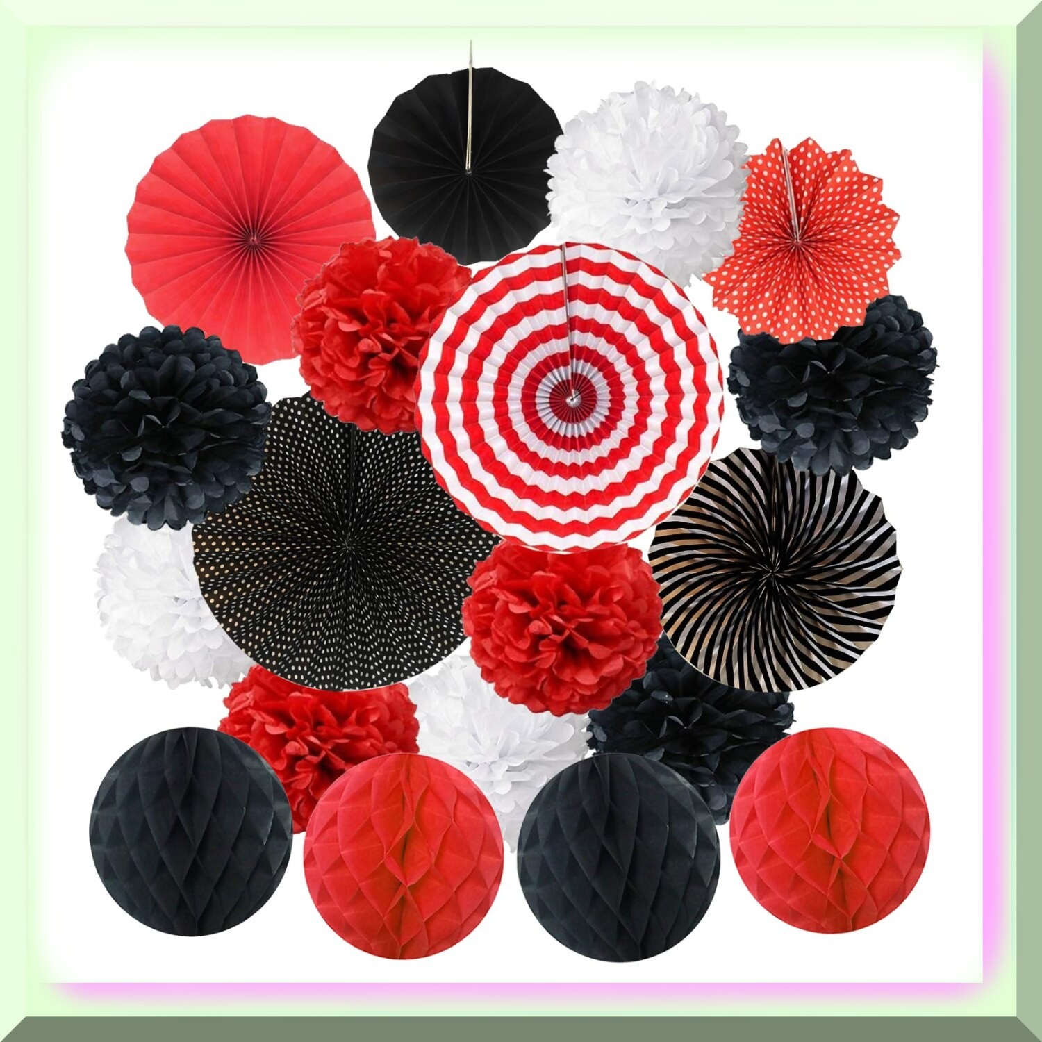 Party Decor Set with Tissue Pom Poms Fans and Honeycomb Balls