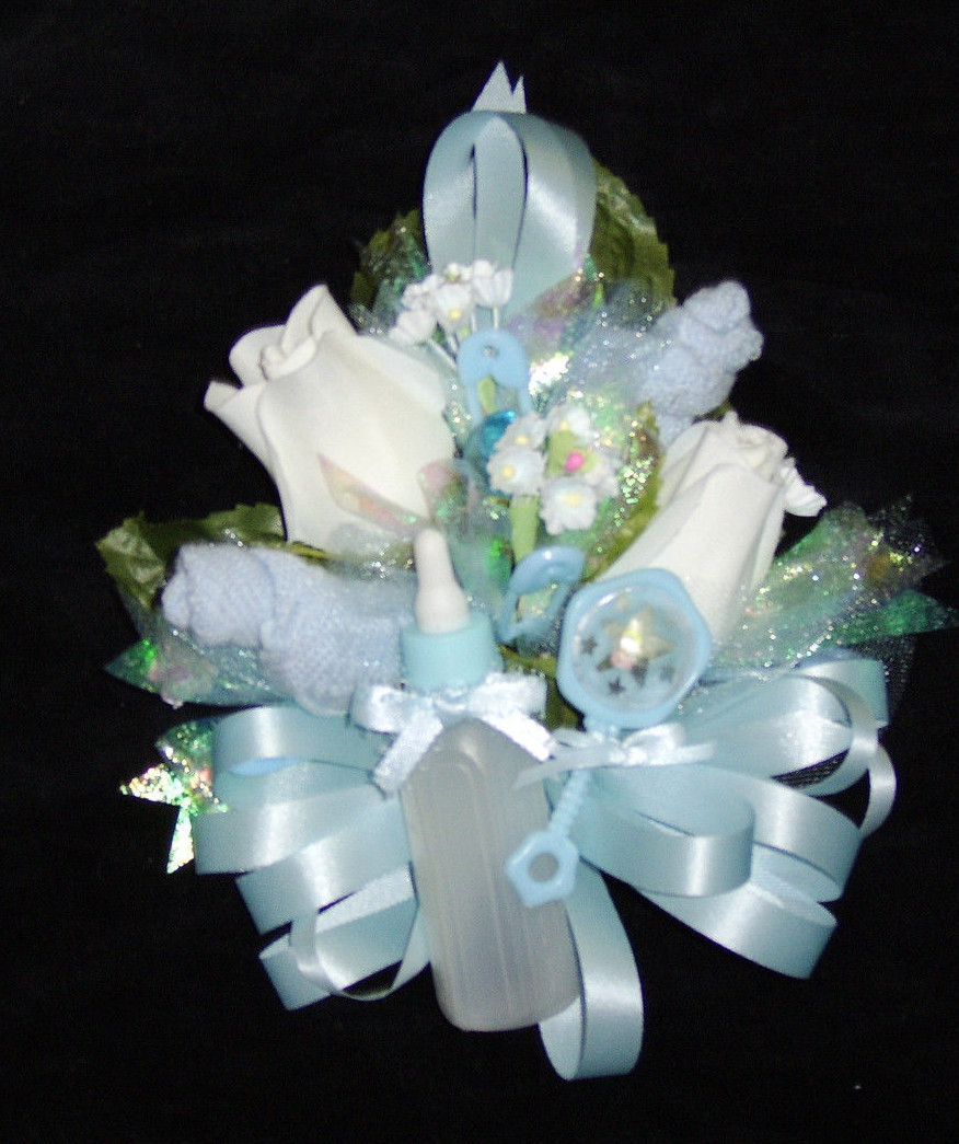 Baby Shower Corsage Blue Baby Socks & Blue Ribbons Handmade