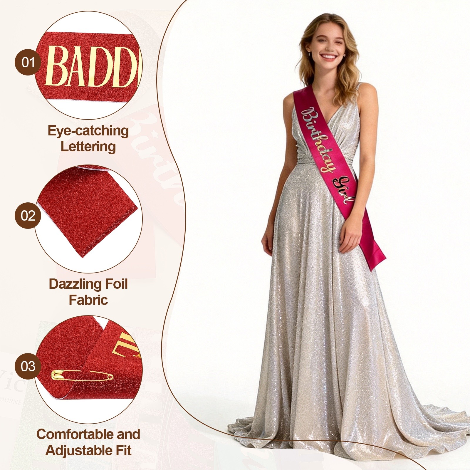Birthday Baddie Sash with Pin Gold Foil Lettering for Party Red