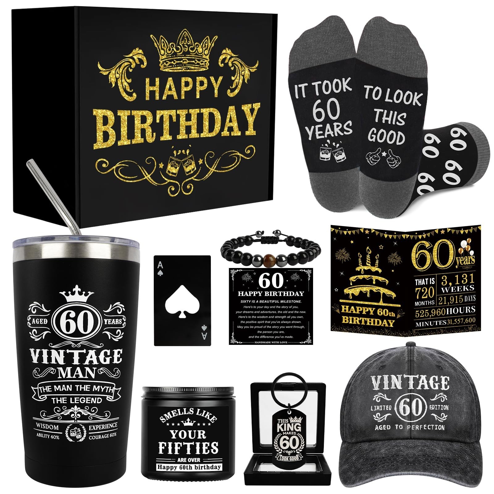 60th Birthday Gifts for Men – Unique Birthday Box with 20 Oz Tumbler, Basebal…