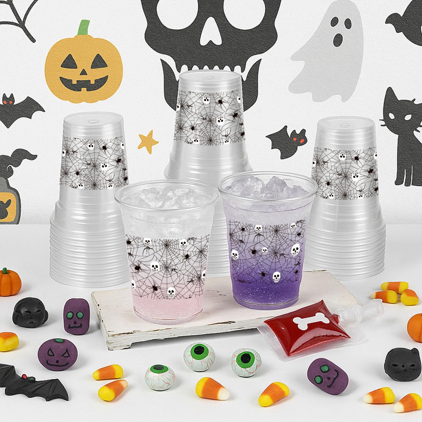 50 Pcs 12OZ Halloween Party Cups,Halloween Plastic Cups standard, Spider