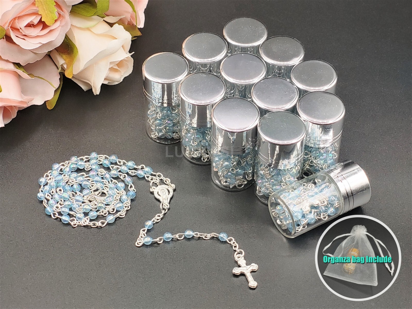 12 Blue Clear Rosary Crucifix Silver Bottle Recuerdos de Bautizo Holy Communion
