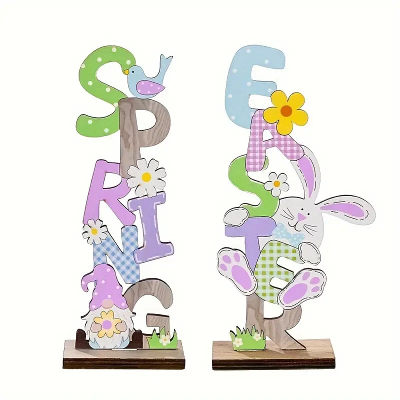 Easter & Spring Wooden Table Sign Easter Bunny Gnome Stand Tabletop Decor Set 2