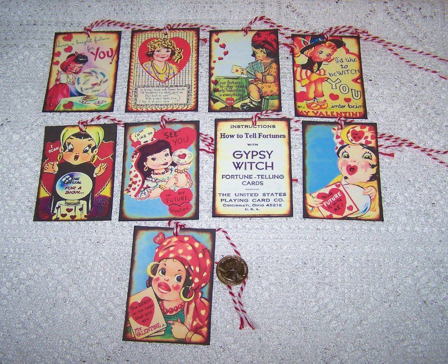 9~Valentine’s Day~Vintage~Fortune Teller~Gypsy~Linen Cardstock~Gift~Hang~Tags