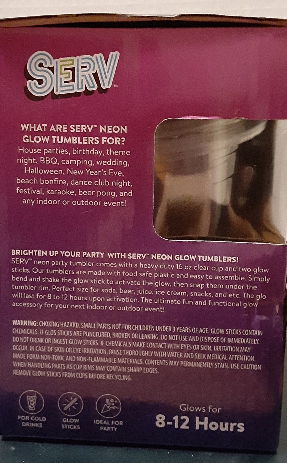 SERV Neon Glow Tumblers 12 cups- 4 per box/4 colors – 16 Fl. Oz. 8-12 hour glow