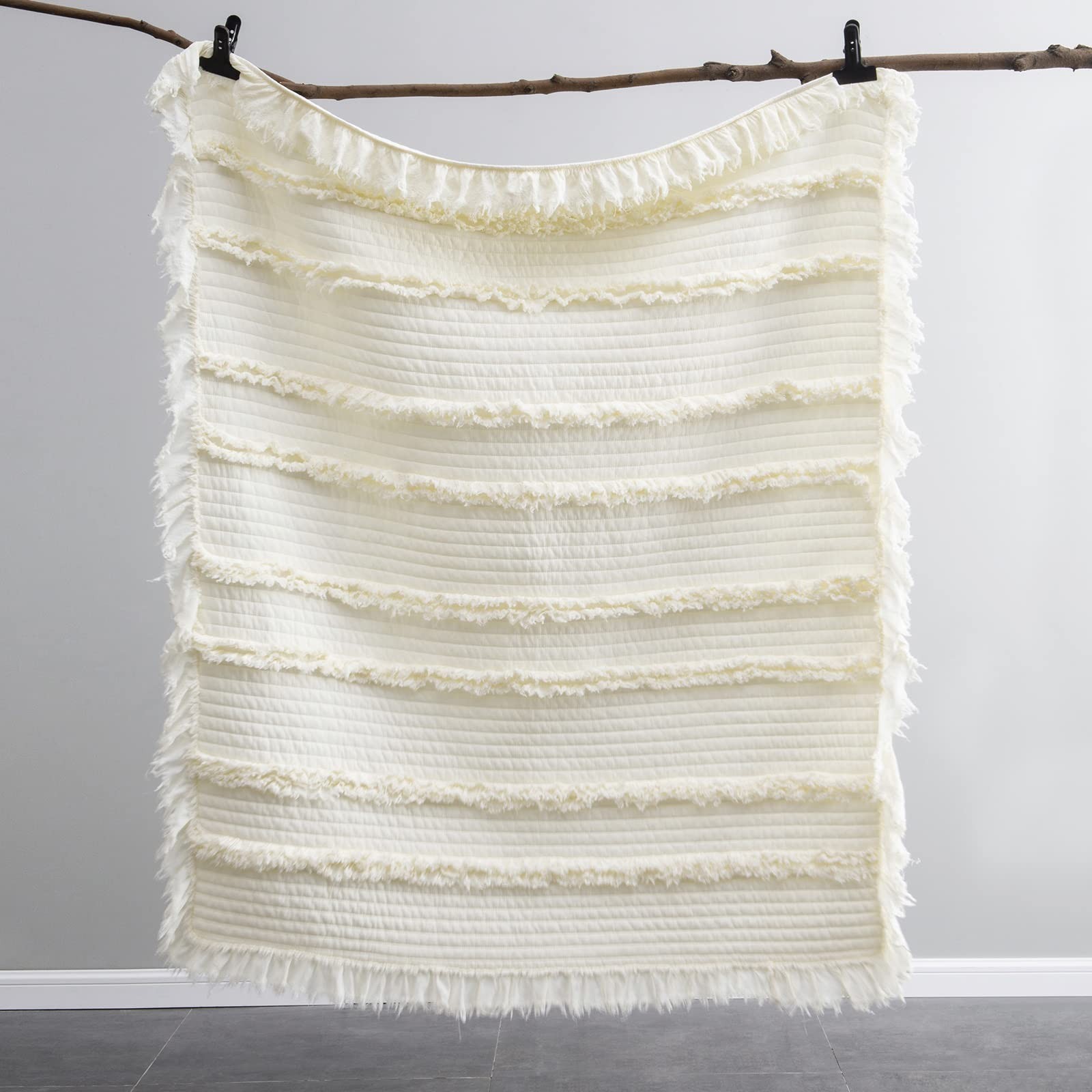 Pre-Washed Ultra Soft Quilted Cream King Size Blankets for Bed, Ruffle Fringe…