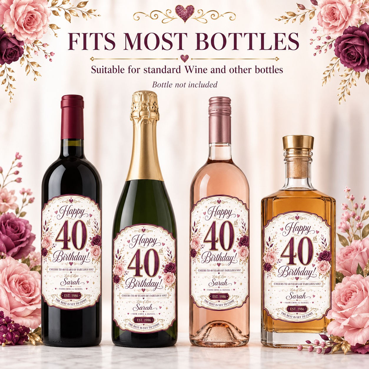 Personalised 40th Birthday Bottle Label Sticker Wine Gift Purple Gold