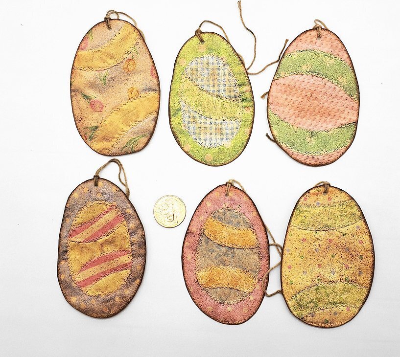 6-Easter-Primitive-Fussy Cut-Eggs-Farmhouse-Heavy Cardstock-Ornaments