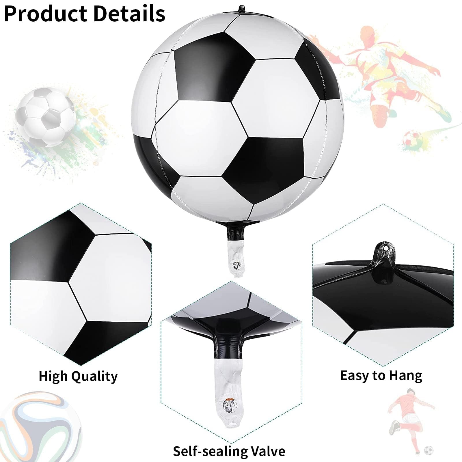 22 Inch 4D Soccer Foil Balloons, 6Pcs 22 inches, Black White 4d