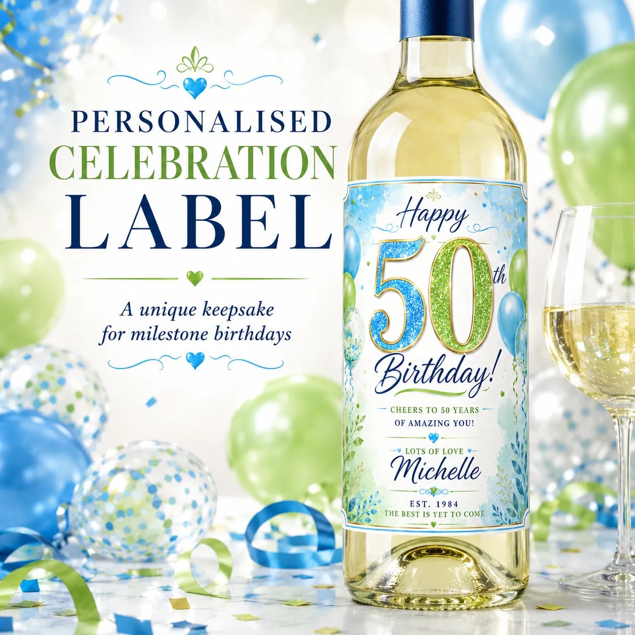 Personalised 50th Birthday Bottle Label Sticker Custom Wine Gift Blue Green