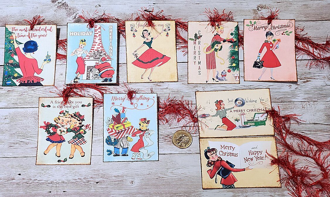 9-Christmas-Retro-Mid Century-50s-Kitschy-Holiday-Linen Cardstock-Gift-Hang-Tags