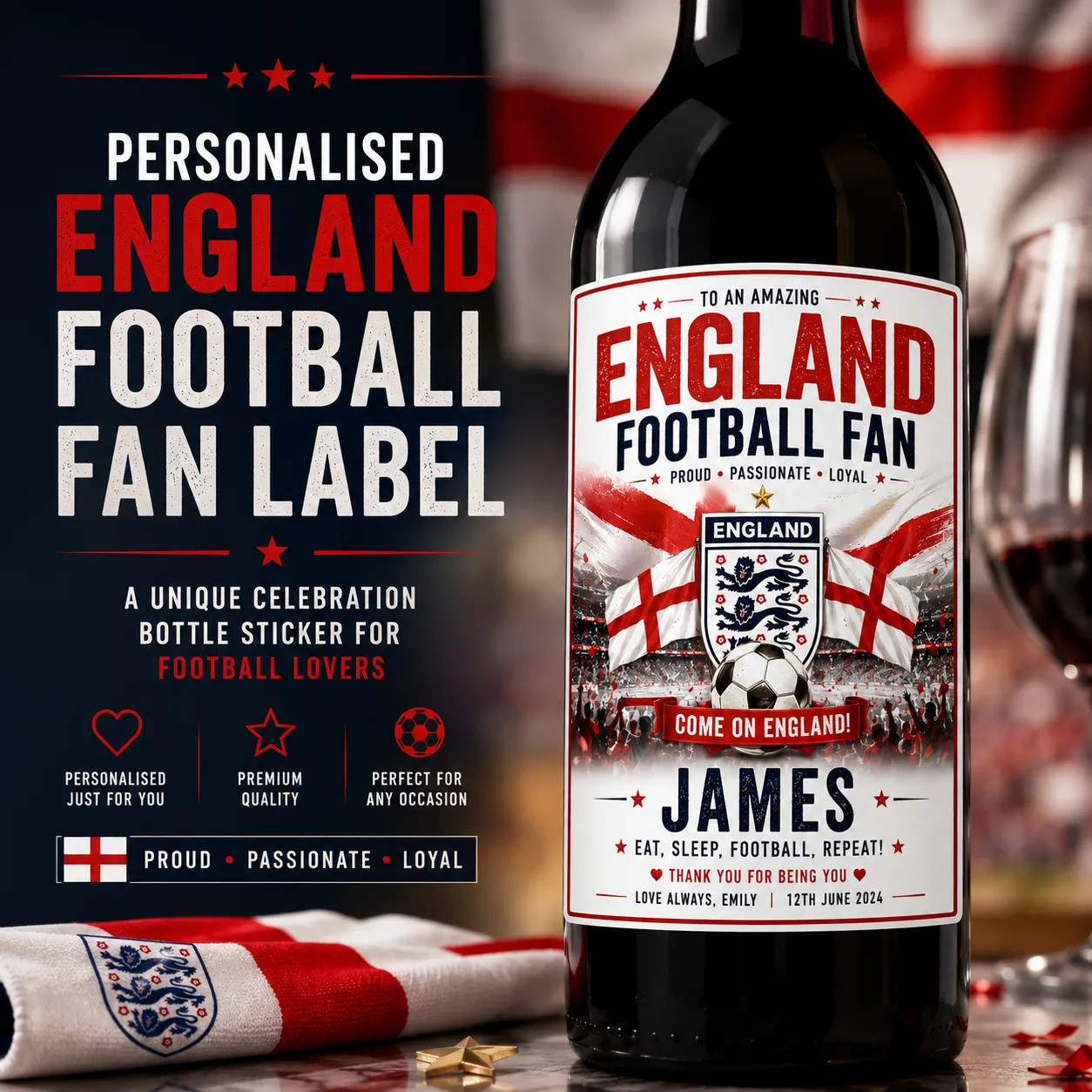 Personalised England Football Bottle Label Sticker Three Lions Wine Gift