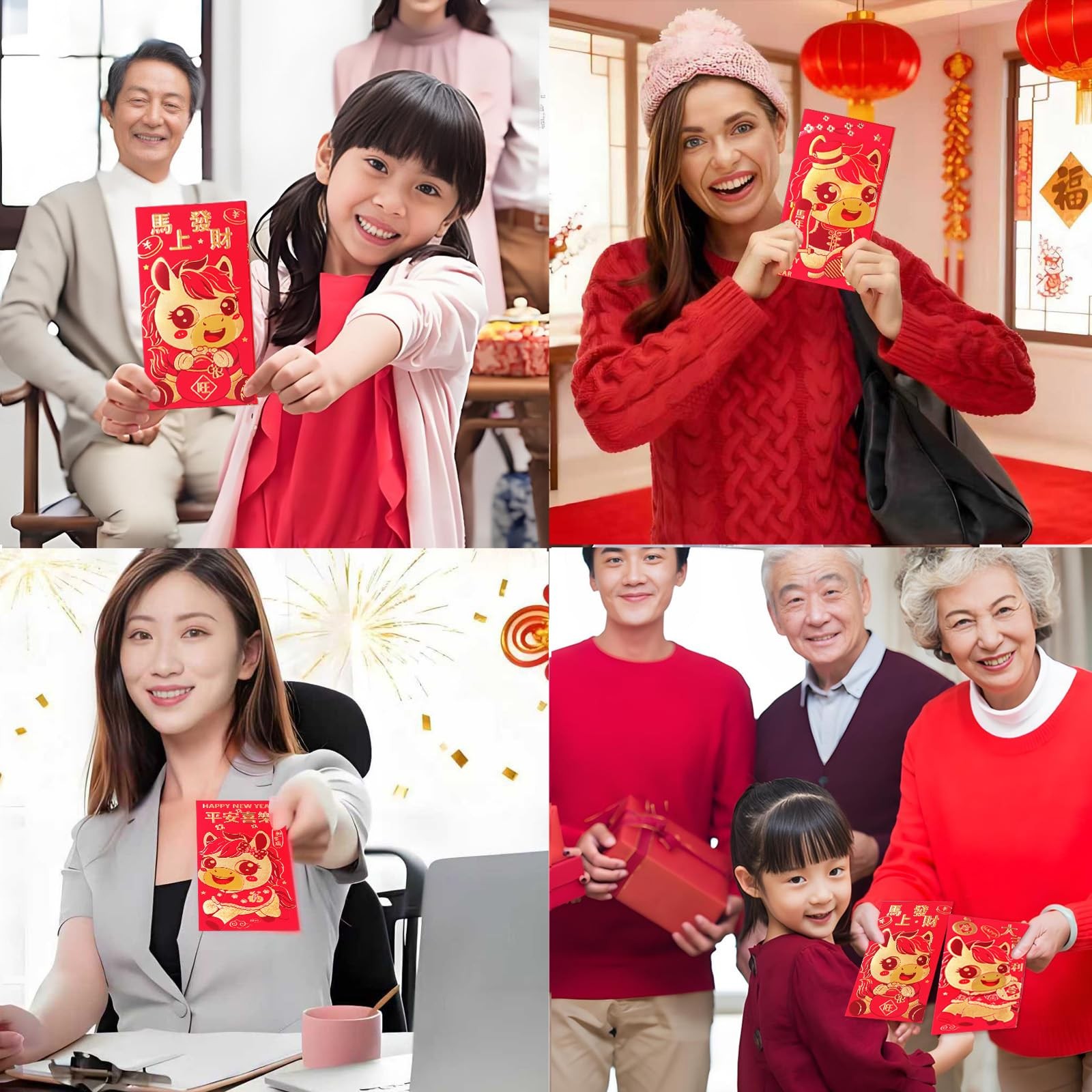 Chinese New Year Red Envelopes, Lunar 6.6 x 3.5 inches, with Gold Accents